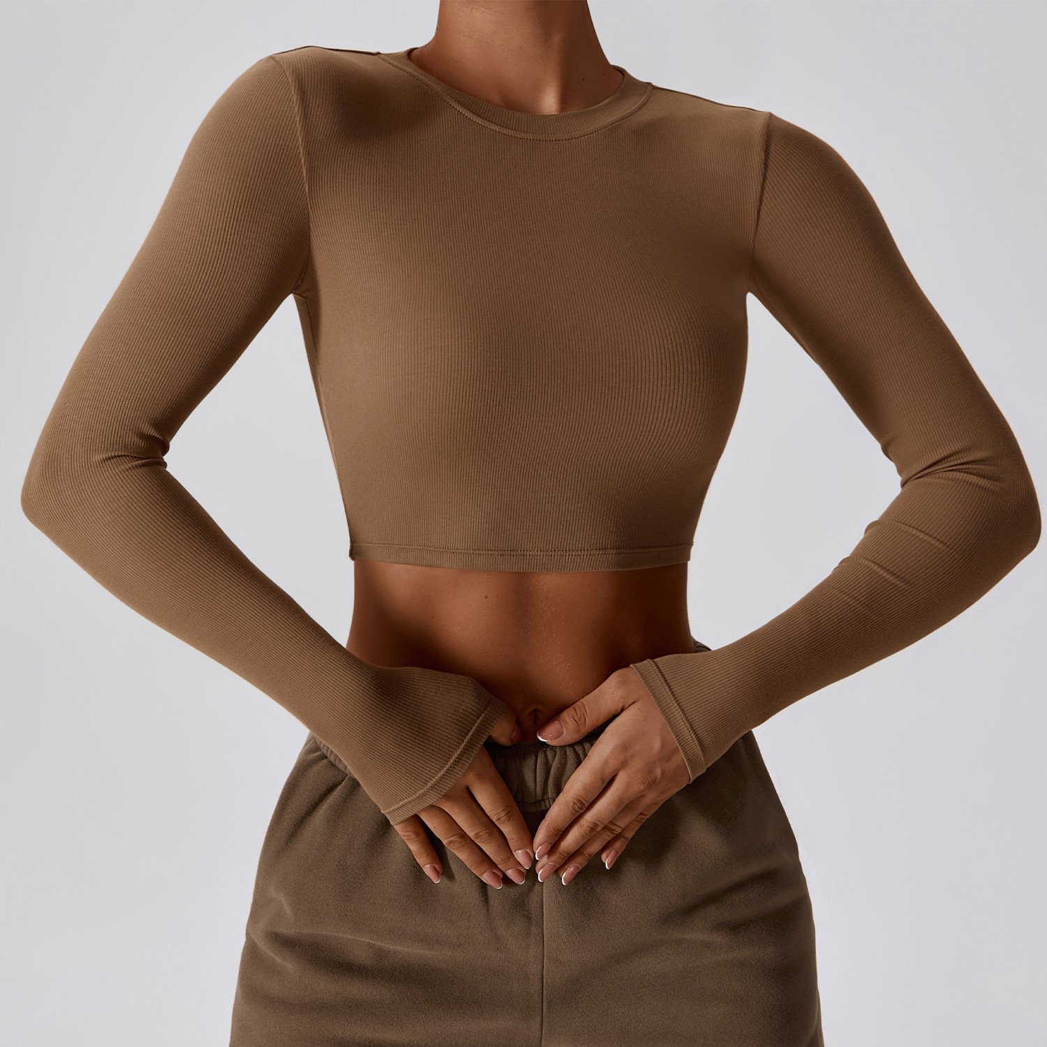 Wholesale Lightweight Casual Long Sleeve Round Neck Ribbed Women's Fitted Seamless Tight Crop Tops T Shirt For Women