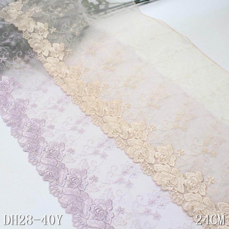 Purple Trim Polyester nylon Embroidery Lace trim 24cm wide Mesh Laces Fabrics For Women Dress Underwear