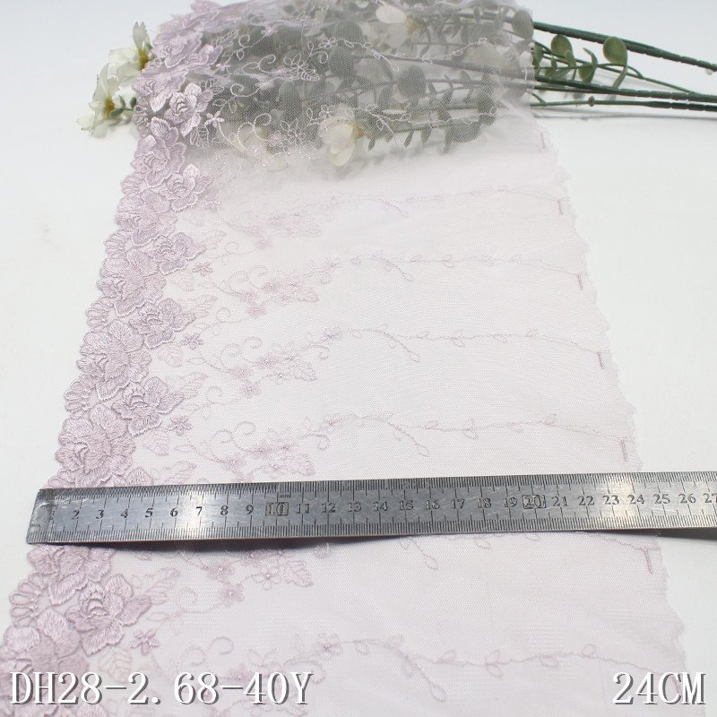 Purple Trim Polyester nylon Embroidery Lace trim 24cm wide Mesh Laces Fabrics For Women Dress Underwear