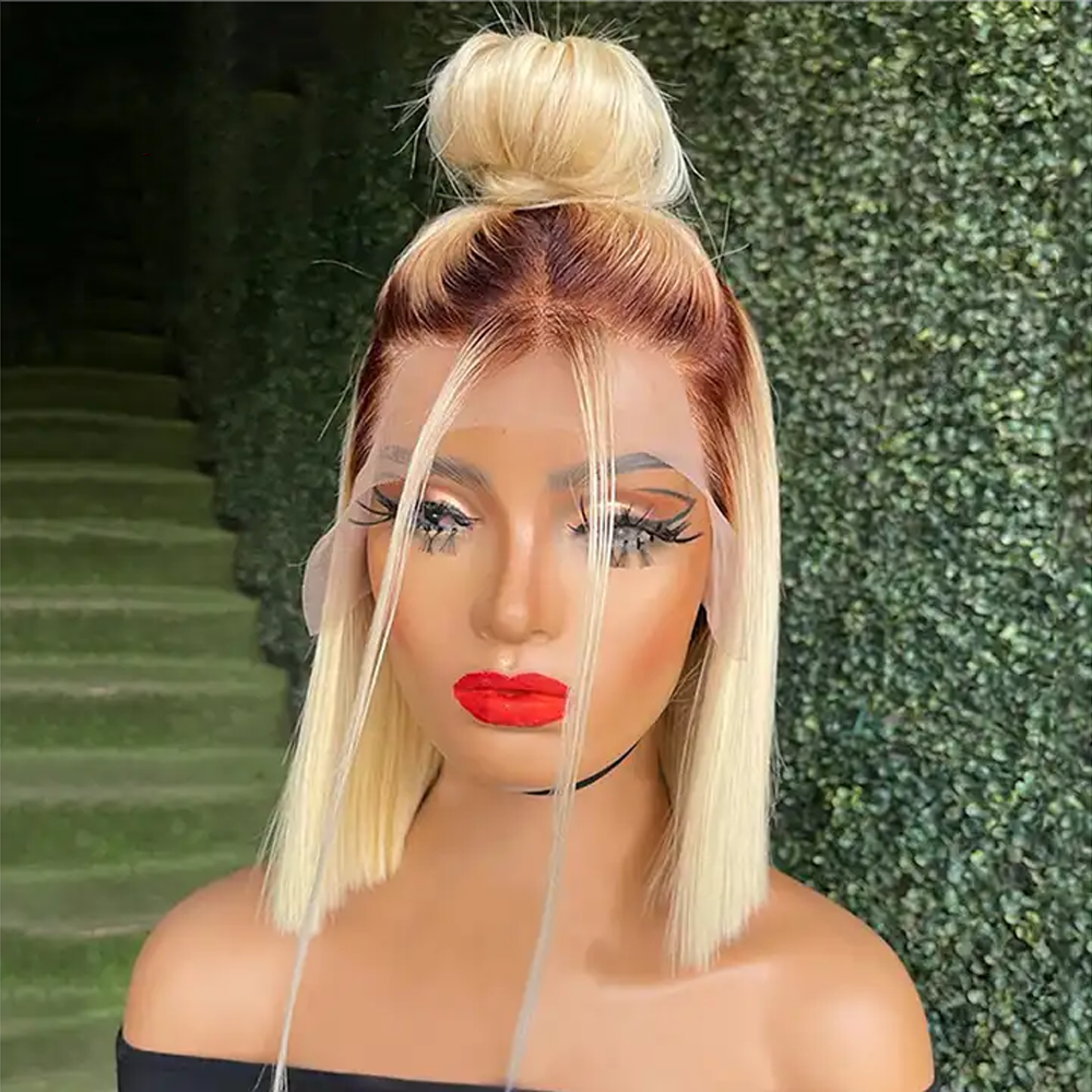 Wholesale Honey Blonde Brown Short Bob Wigs with Dark Roots 100% Human Hair 180% Glueless Transparent HD 4x4 13x4 Lace Front Wig