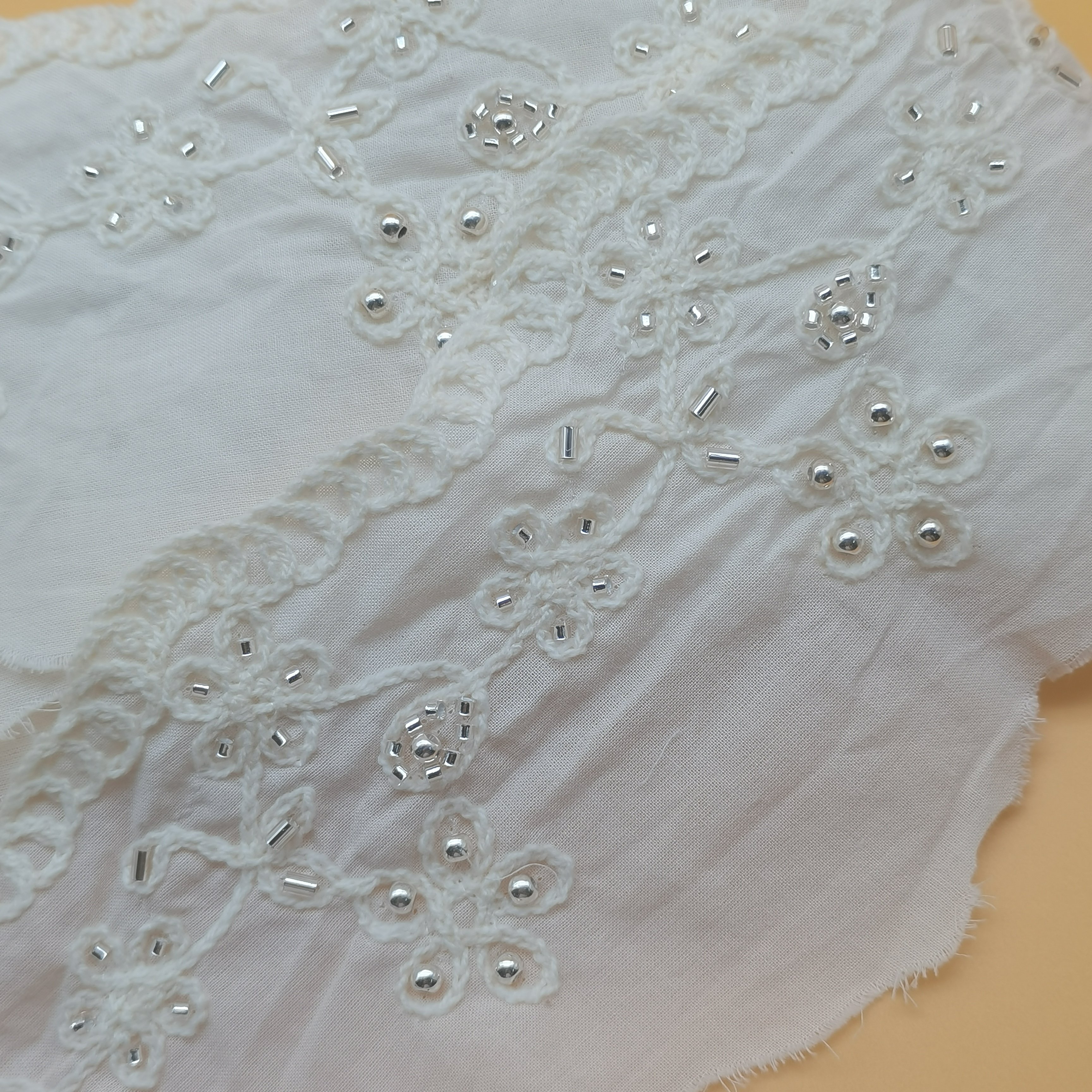 Hot Selling 100% Cotton Beaded Lace Trim Embroidery Fabric for Women's Clothing & Wedding Dresses for Shoes & Bags Accessory