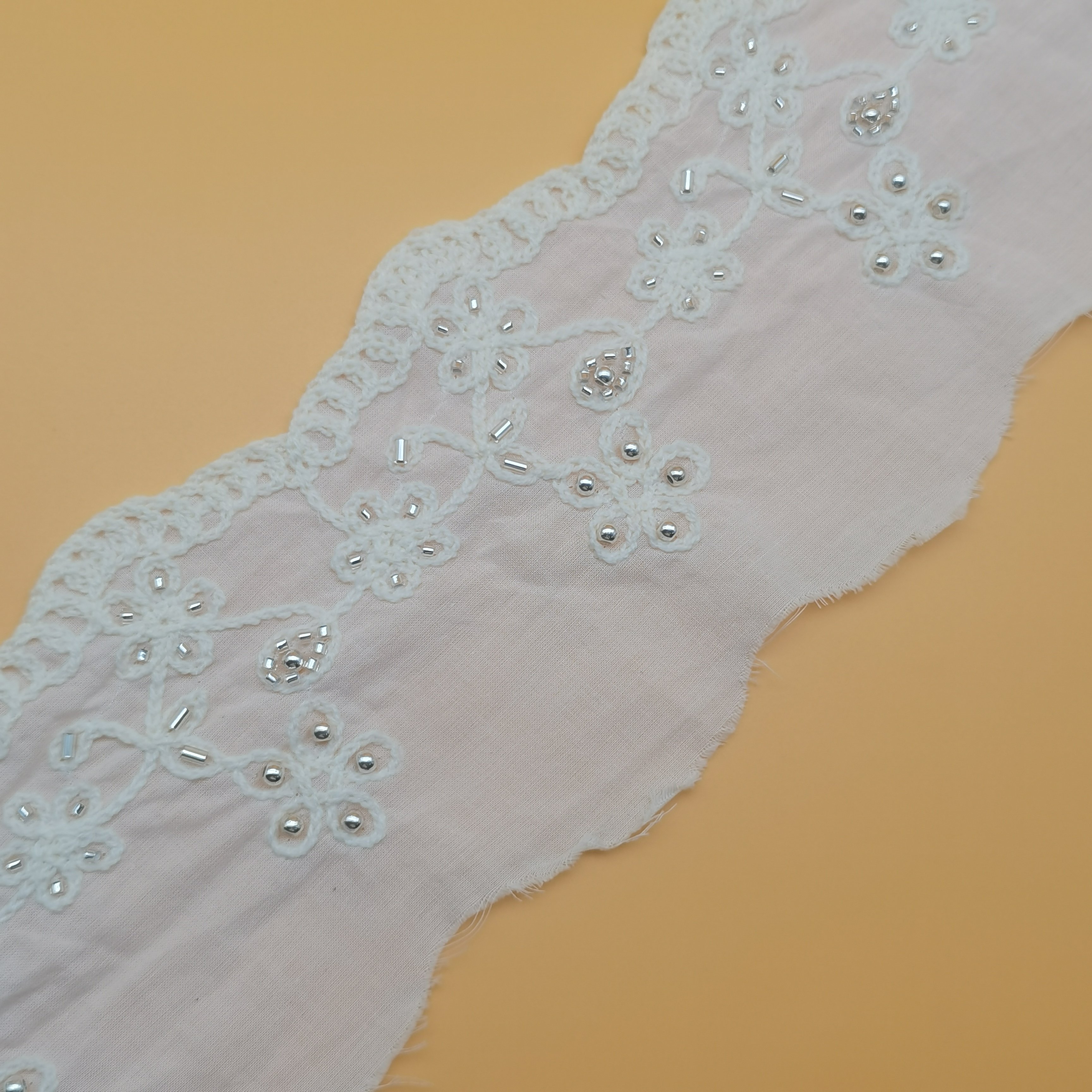 Hot Selling 100% Cotton Beaded Lace Trim Embroidery Fabric for Women's Clothing & Wedding Dresses for Shoes & Bags Accessory