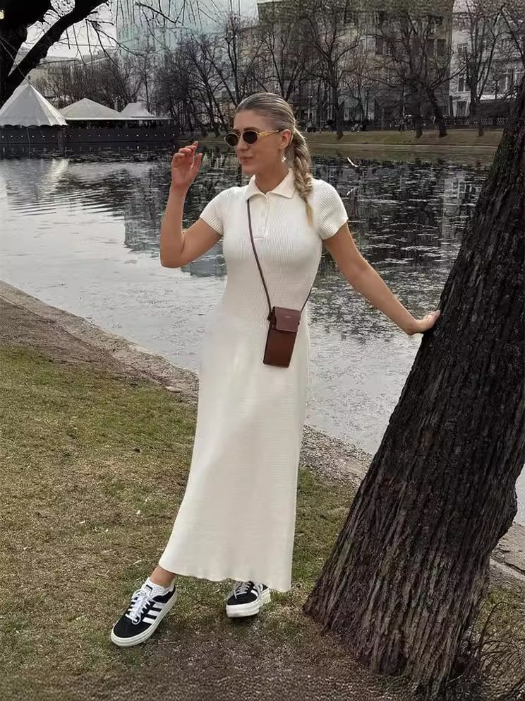 RedPeony Ins Fashion Elegant Slim Women Dress Solid Spring Summer Vintage Short Sleeve Vestidos Knitted Long Dresses