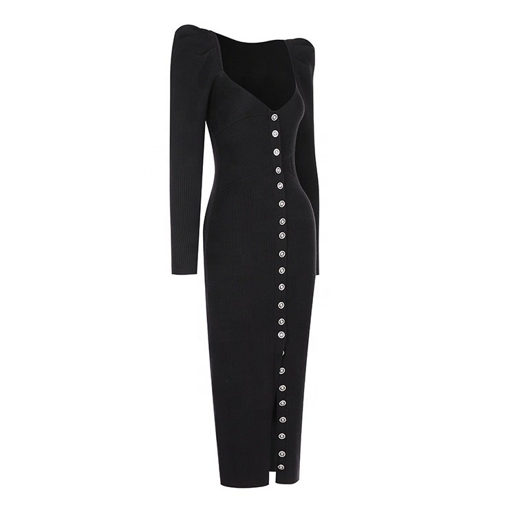 Knitwear manufacturer custom black v neck long sleeved ribbed knit women's sweater dress