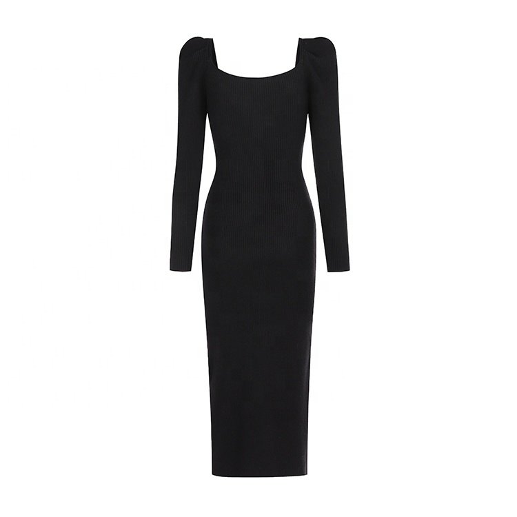 Knitwear manufacturer custom black v neck long sleeved ribbed knit women's sweater dress