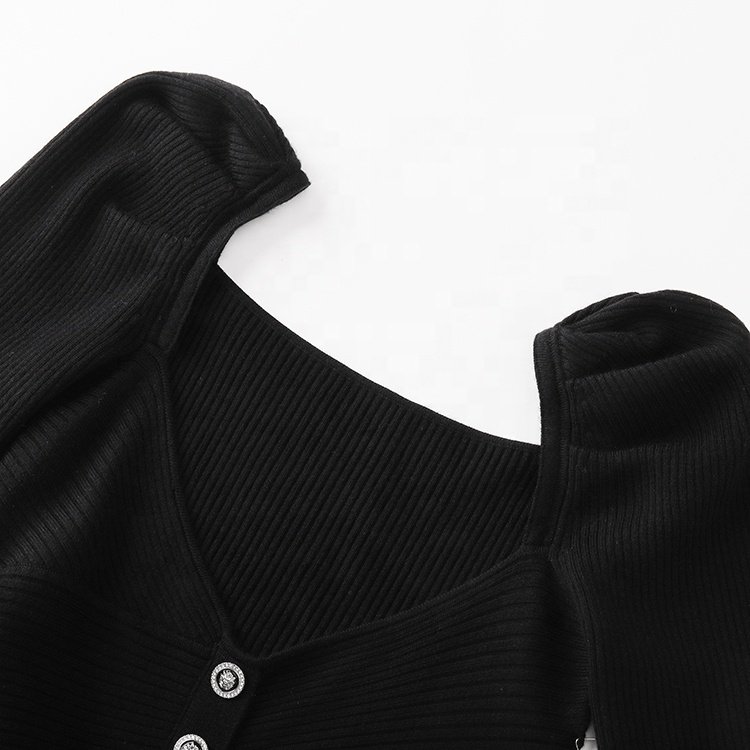Knitwear manufacturer custom black v neck long sleeved ribbed knit women's sweater dress