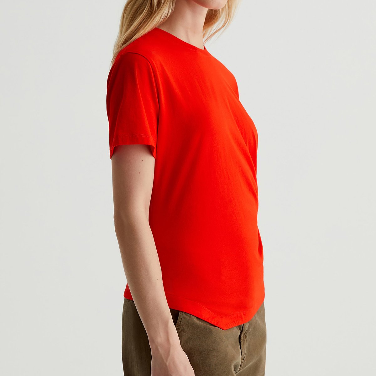 OEM/ODM Custom Red Women's Asymmetrical Draped Crewneck Tee - Stretch-Blend Jersey, Side Pleats, Uneven Hem