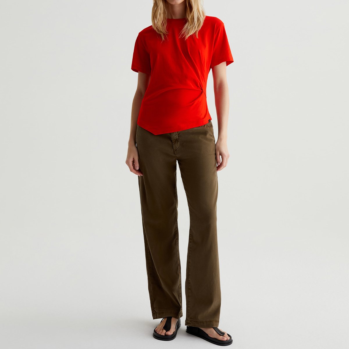 OEM/ODM Custom Red Women's Asymmetrical Draped Crewneck Tee - Stretch-Blend Jersey, Side Pleats, Uneven Hem