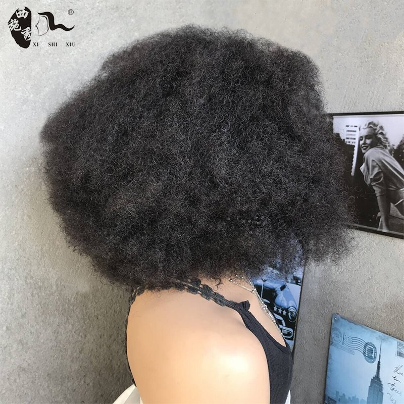 18inch Short Bomb Afro Kinky Curl 4*4 Lace Front Wig Brazilian Human Hair Blend Hair Lace Front Wig For Black Women XISHIXIUHAIR