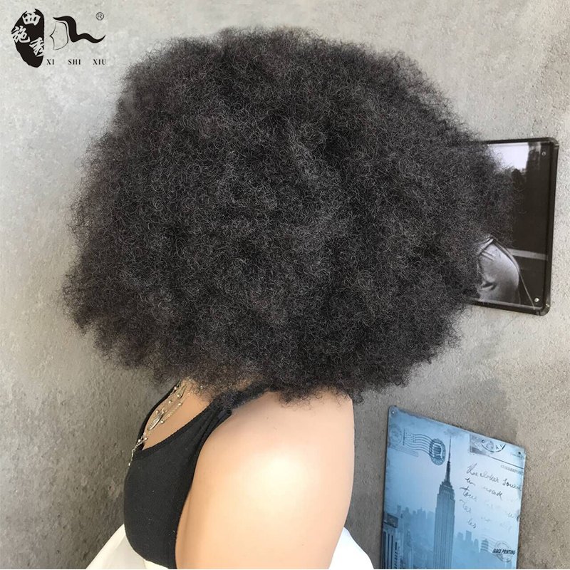 18inch Short Bomb Afro Kinky Curl 4*4 Lace Front Wig Brazilian Human Hair Blend Hair Lace Front Wig For Black Women XISHIXIUHAIR
