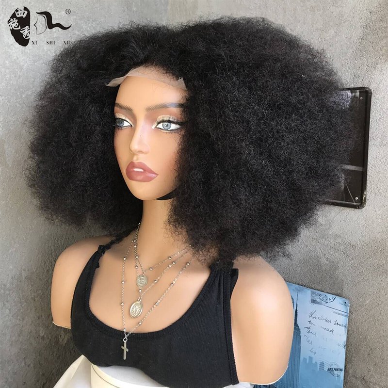 18inch Short Bomb Afro Kinky Curl 4*4 Lace Front Wig Brazilian Human Hair Blend Hair Lace Front Wig For Black Women XISHIXIUHAIR