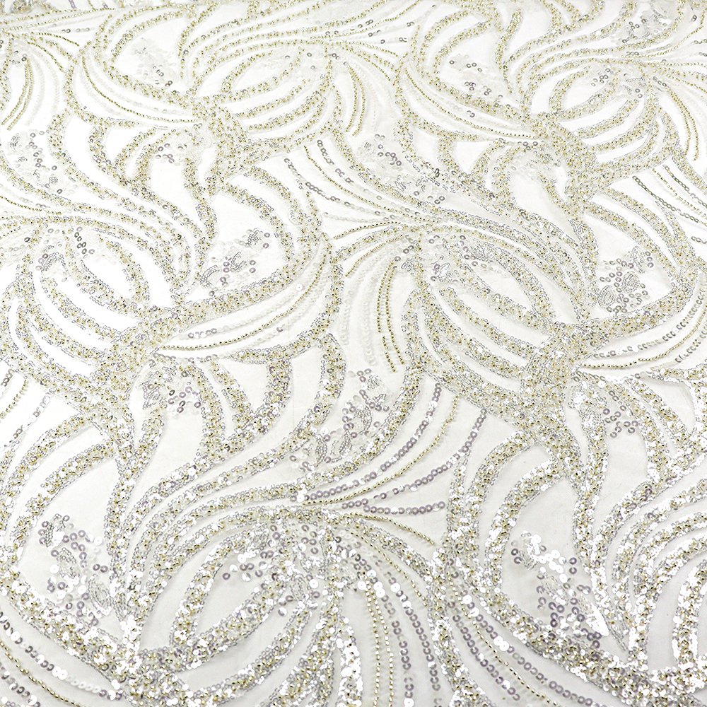 2023 hot selling bridal lace fabric polyester luxury beaded lace fabric crystal pure white beaded lace fabric for dress