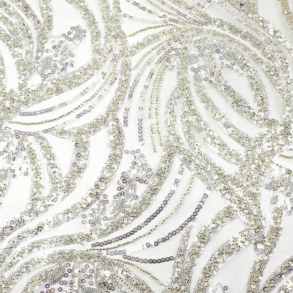 2023 hot selling bridal lace fabric polyester luxury beaded lace fabric crystal pure white beaded lace fabric for dress