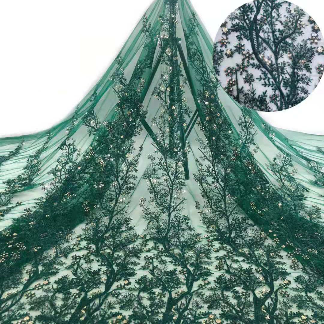 Raw material wholesale branch tree leaf bead piece embroidery Tulle net bottom Sequin woven fabric luxury high-grade dress