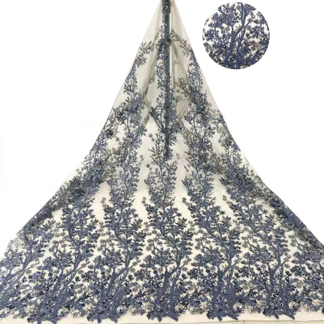 Raw material wholesale branch tree leaf bead piece embroidery Tulle net bottom Sequin woven fabric luxury high-grade dress