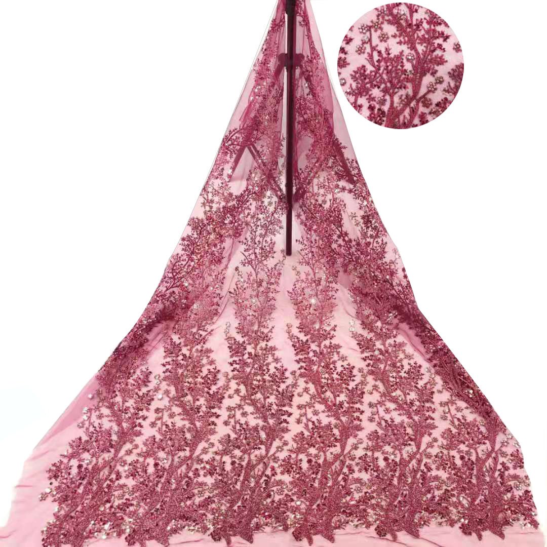Raw material wholesale branch tree leaf bead piece embroidery Tulle net bottom Sequin woven fabric luxury high-grade dress