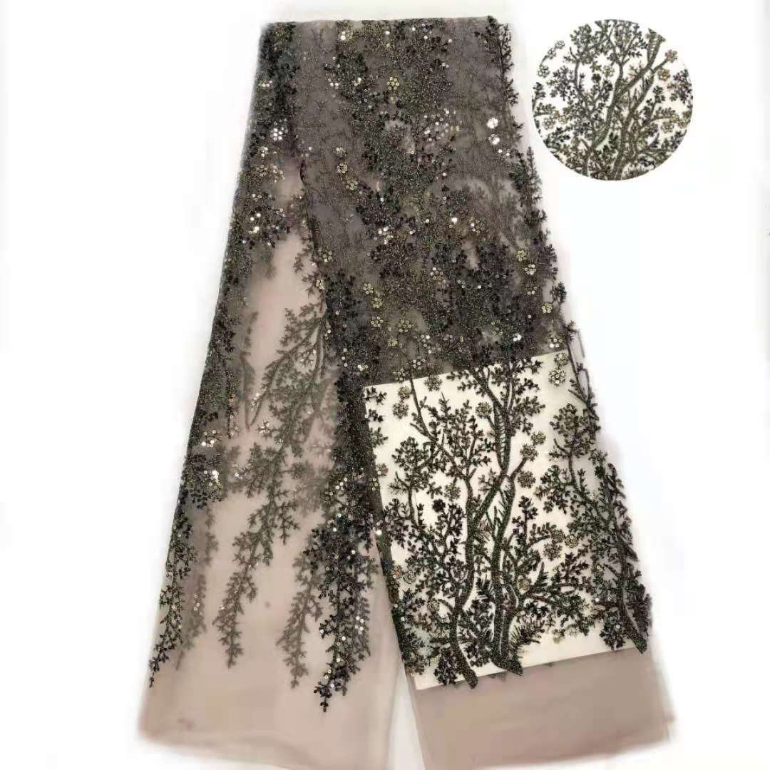 Raw material wholesale branch tree leaf bead piece embroidery Tulle net bottom Sequin woven fabric luxury high-grade dress