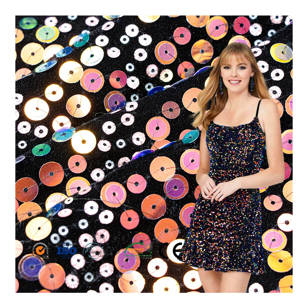 2024 New Colorful Sequin Embroidery Fabric Rainbow Sequin Velvet Fabric