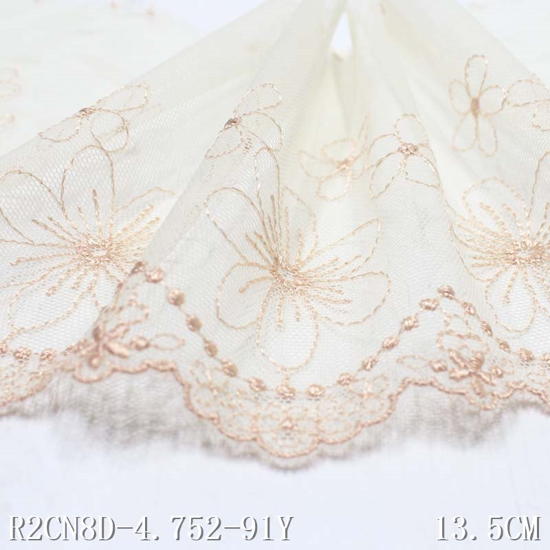Light Yellow Mesh Fabric Fancy Flower Embroidery Lace Trim 14cm Border Lace