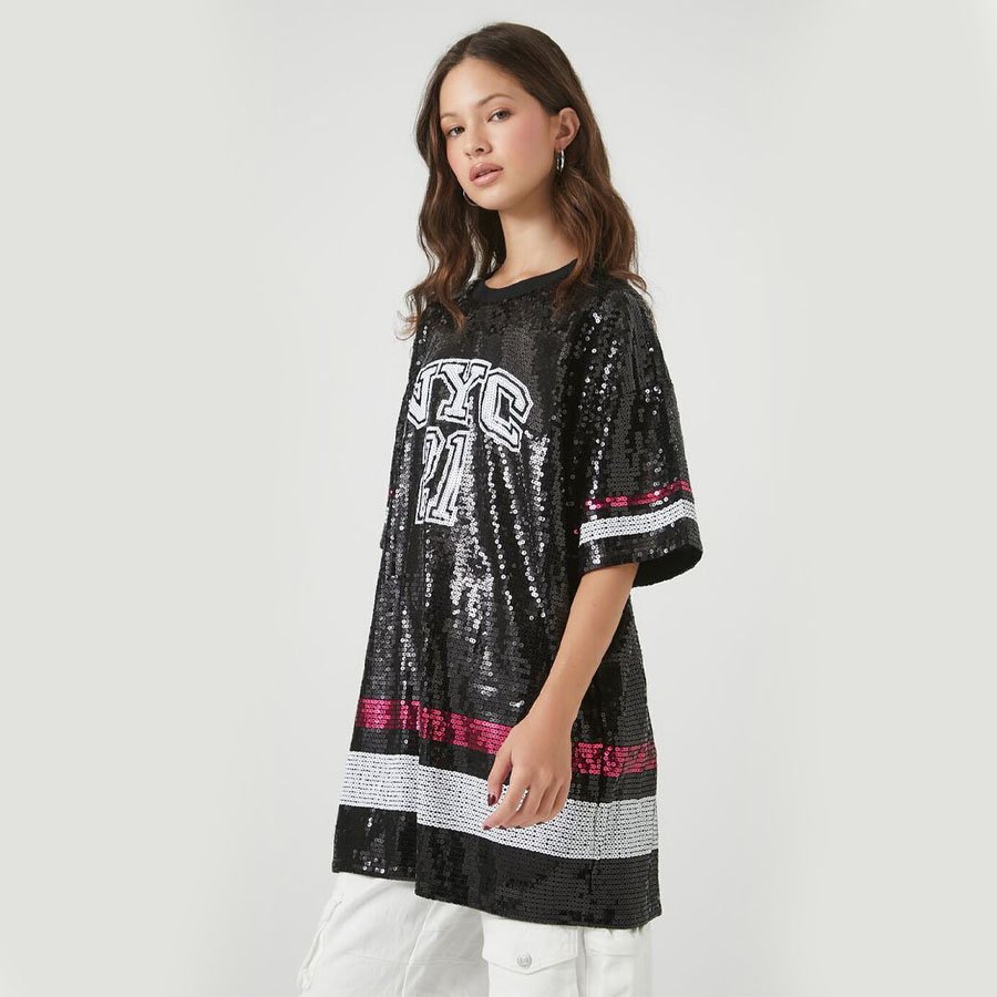 Latest Most Stylish Women Oversized Sequined Black T Shirt With Ribbed Neck For Sale In Cheap B2B Rates