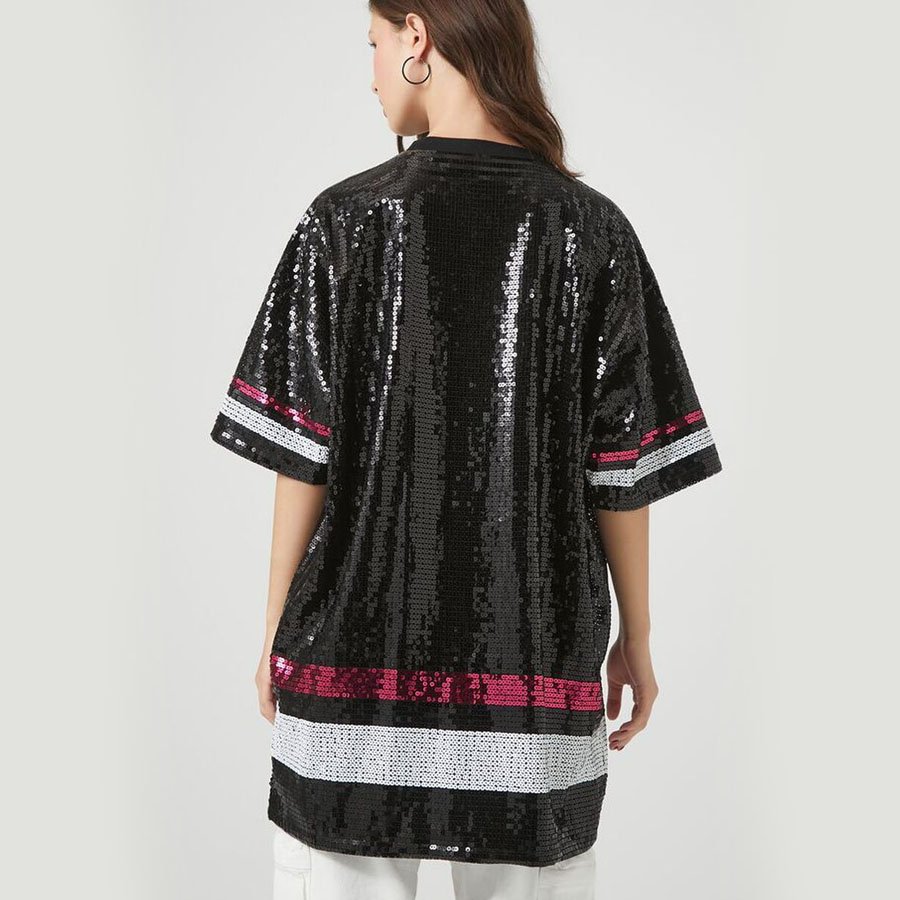 Latest Most Stylish Women Oversized Sequined Black T Shirt With Ribbed Neck For Sale In Cheap B2B Rates