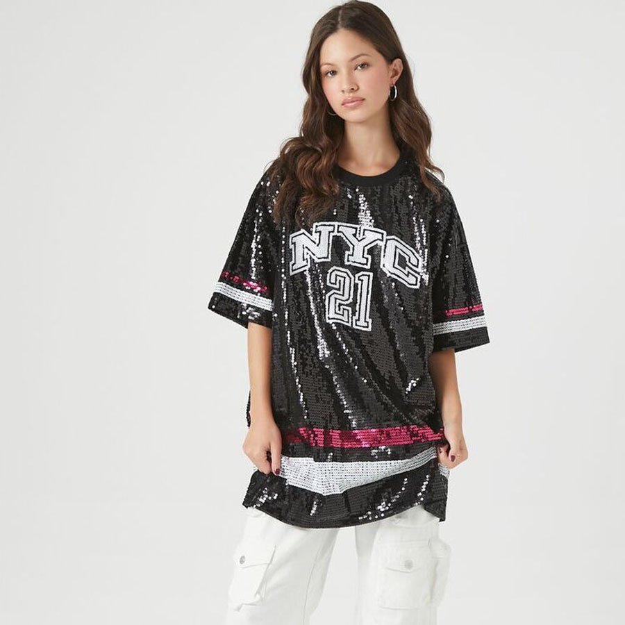 Latest Most Stylish Women Oversized Sequined Black T Shirt With Ribbed Neck For Sale In Cheap B2B Rates
