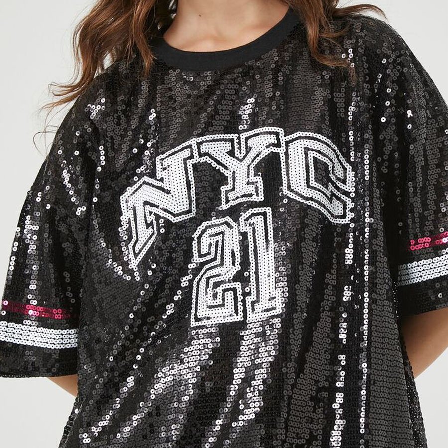 Latest Most Stylish Women Oversized Sequined Black T Shirt With Ribbed Neck For Sale In Cheap B2B Rates