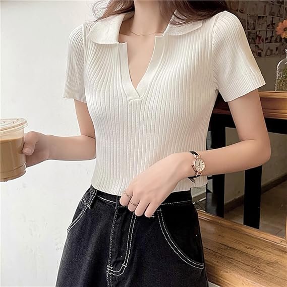 poleras mujer top por mayor white ribbed crop top custom polo style ribbed crop top V- neck t-shirt for girls