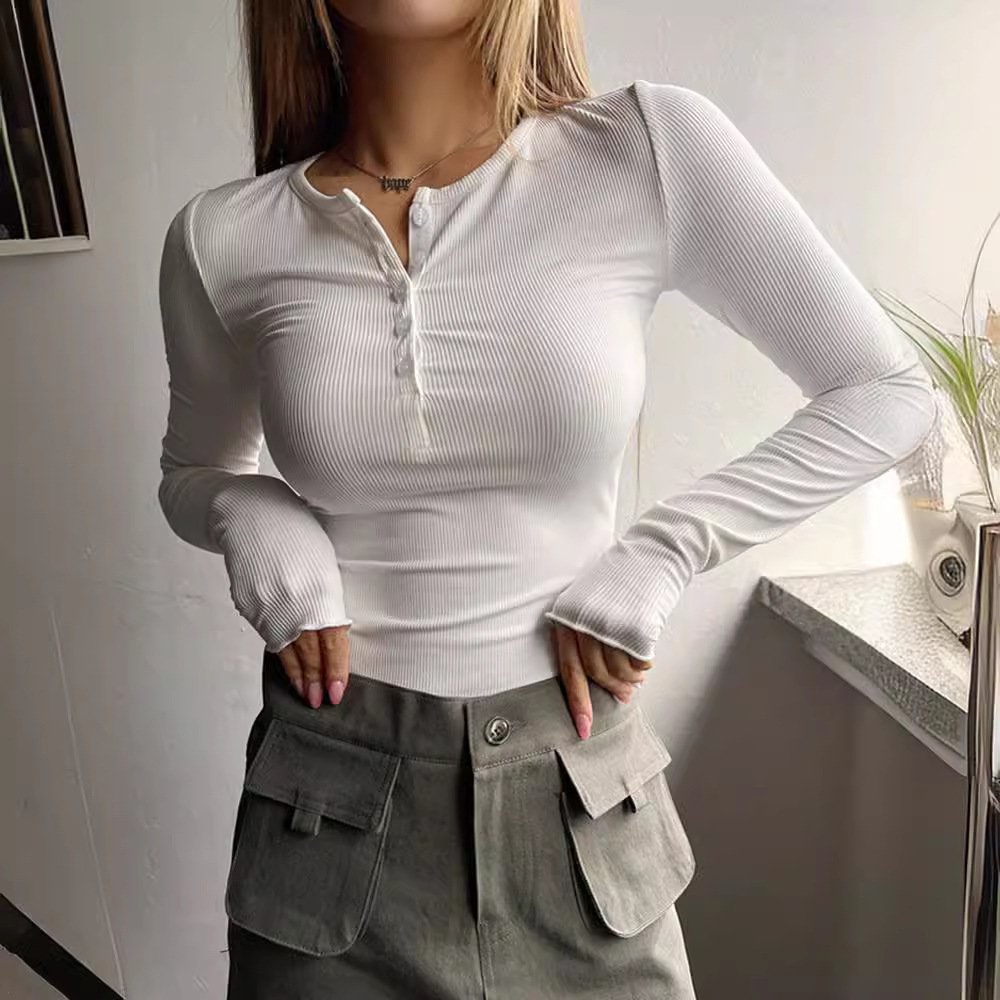 Autumn and winter women's button ribbed slim fit sweater women's long sleeve T-shirt