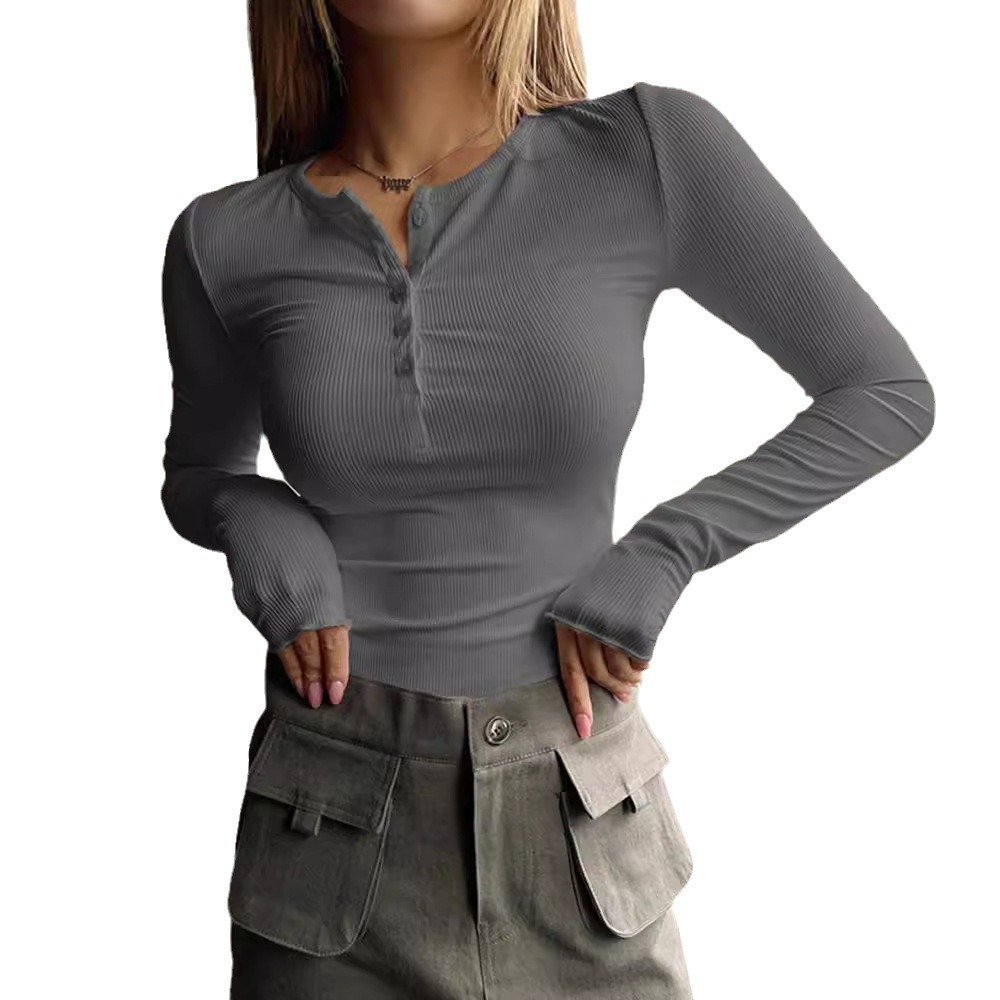Autumn and winter women's button ribbed slim fit sweater women's long sleeve T-shirt