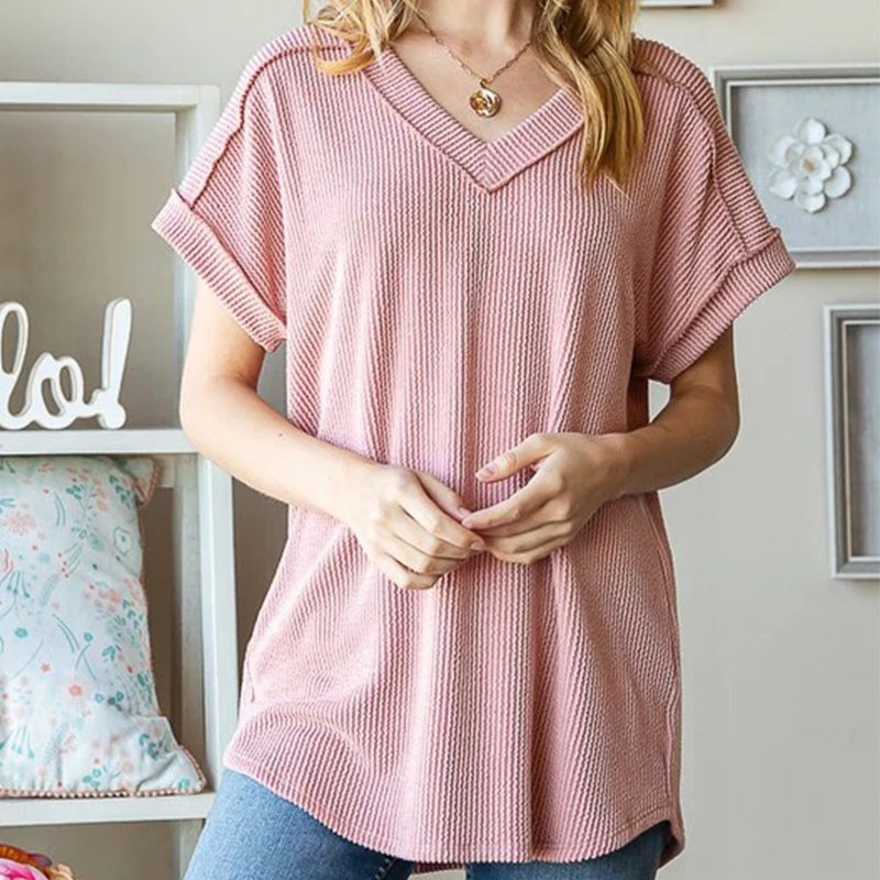 Wholesale V neck summer shirt striped short sleeve opaque exposed seam blouses ribbed textured solid loose women t shirts