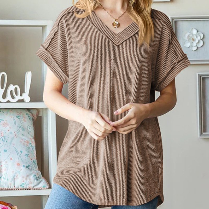 Wholesale V neck summer shirt striped short sleeve opaque exposed seam blouses ribbed textured solid loose women t shirts