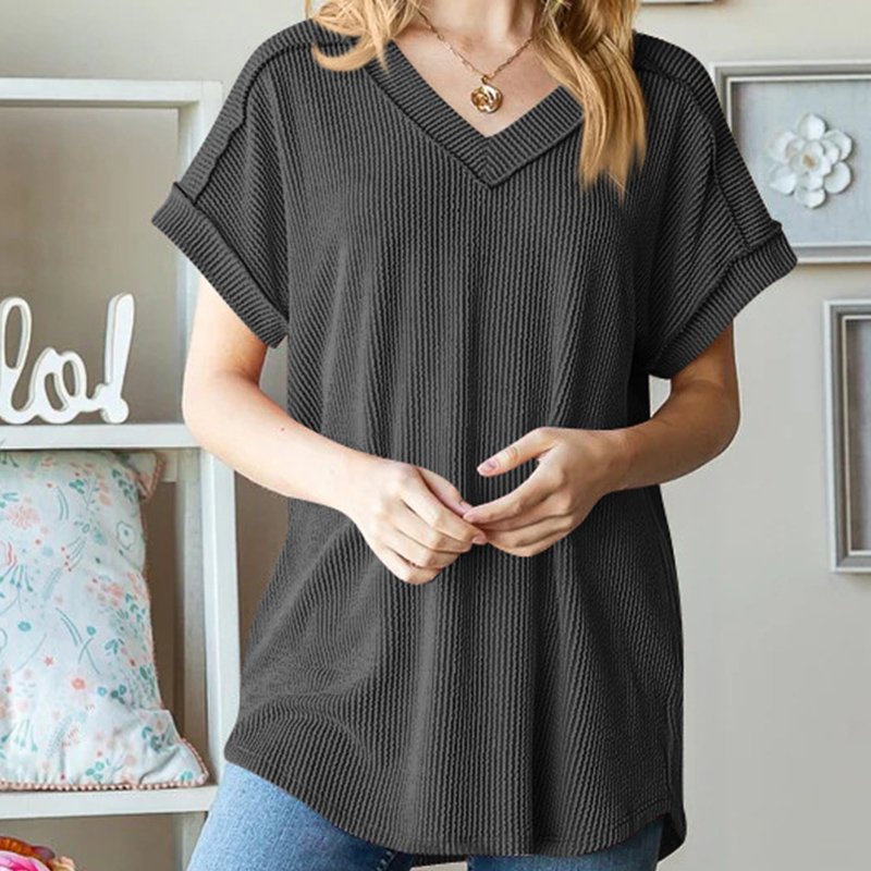 Wholesale V neck summer shirt striped short sleeve opaque exposed seam blouses ribbed textured solid loose women t shirts