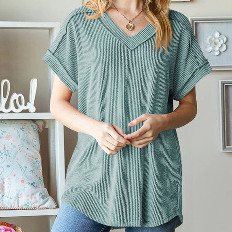 Wholesale V neck summer shirt striped short sleeve opaque exposed seam blouses ribbed textured solid loose women t shirts