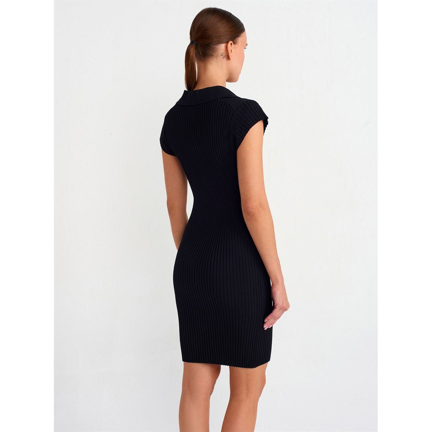 High-quality OEM black polo collar ribbed knit dress with snap-button details, perfect for adding style to your casual wardrobe