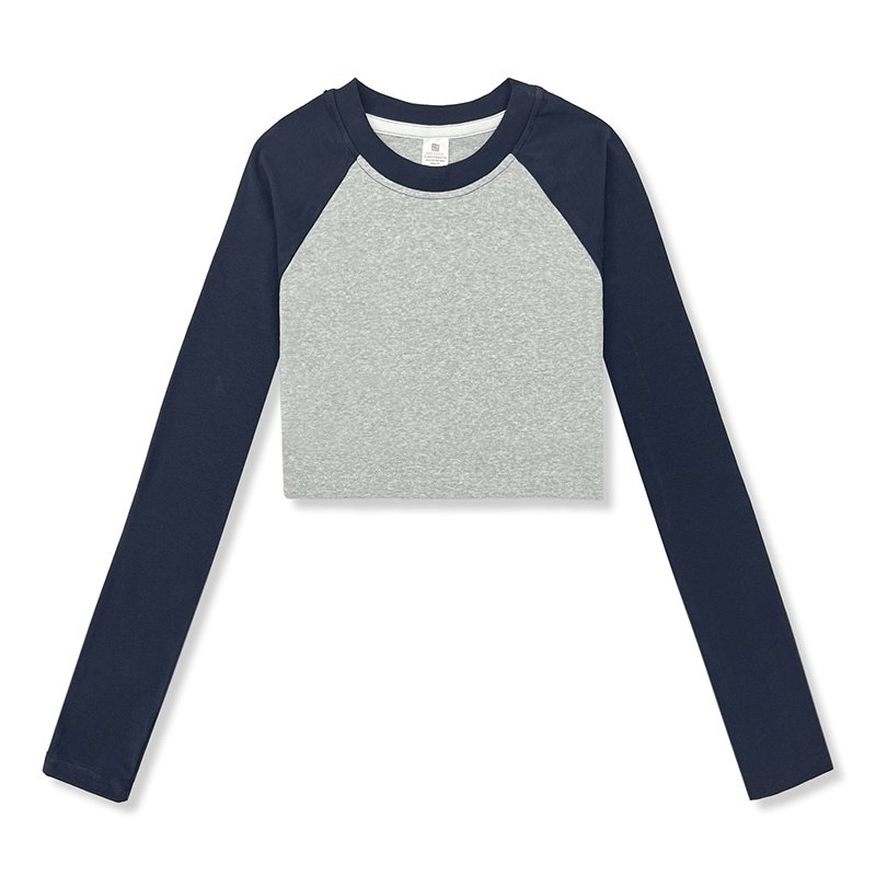 RUICHI 210gsm 92% Cotton 8% Spandex Crew Neck Stretch Ribbed Long Sleeve Crop Tshirts Custom Logo Tees Tops