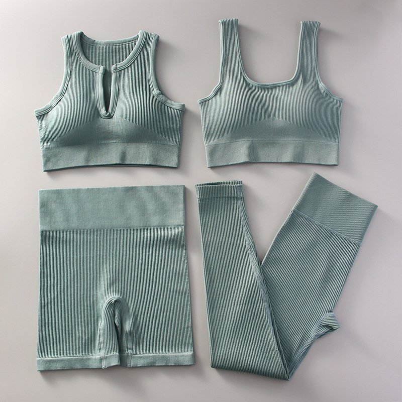 Hot Sale 5 Piece Women Gym Wear Slim Fit Solid Color Running Fitness Seamless Knitted Ribbed Yoga Set
