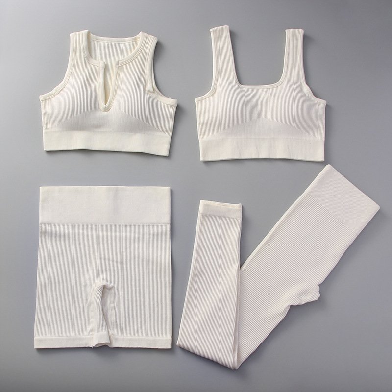Hot Sale 5 Piece Women Gym Wear Slim Fit Solid Color Running Fitness Seamless Knitted Ribbed Yoga Set