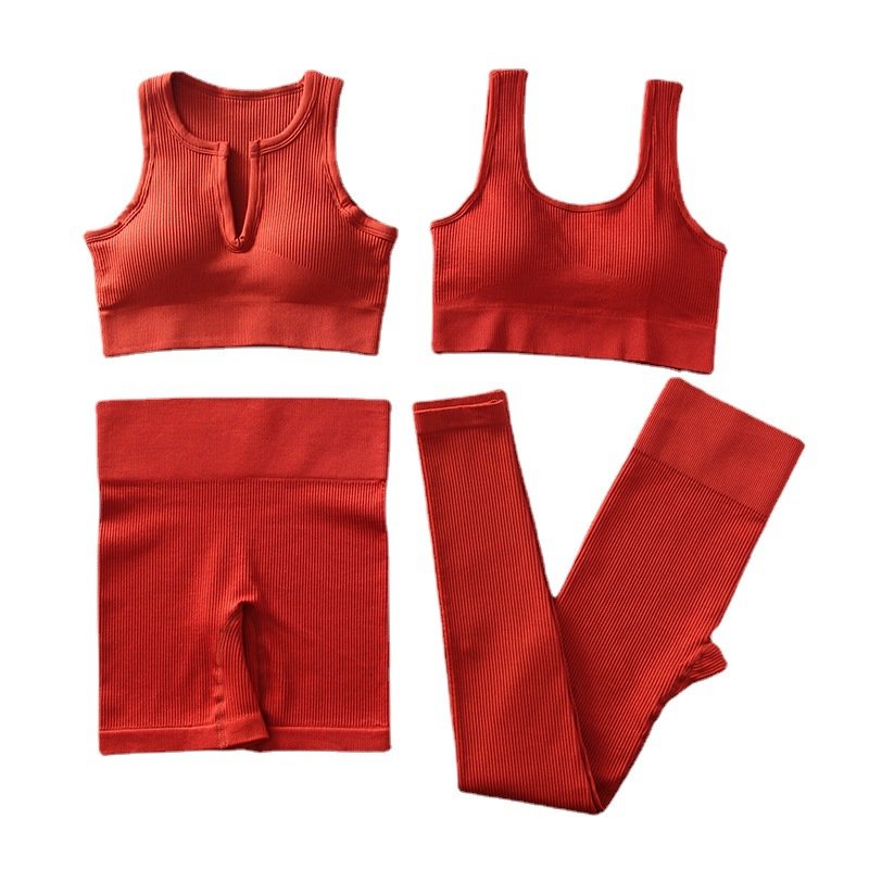 Hot Sale 5 Piece Women Gym Wear Slim Fit Solid Color Running Fitness Seamless Knitted Ribbed Yoga Set