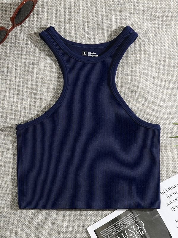 Ladies White Black Plain Basic Knit Ribbed Crop Tank Top Women