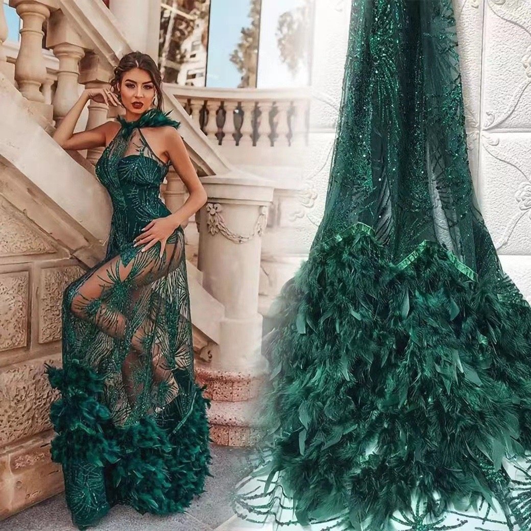 ACI 3D Lace With Feathers And Embroidery Beads Tulle Fabric Ngeria African Lace Fabric 5 Yards/Piece For Dress