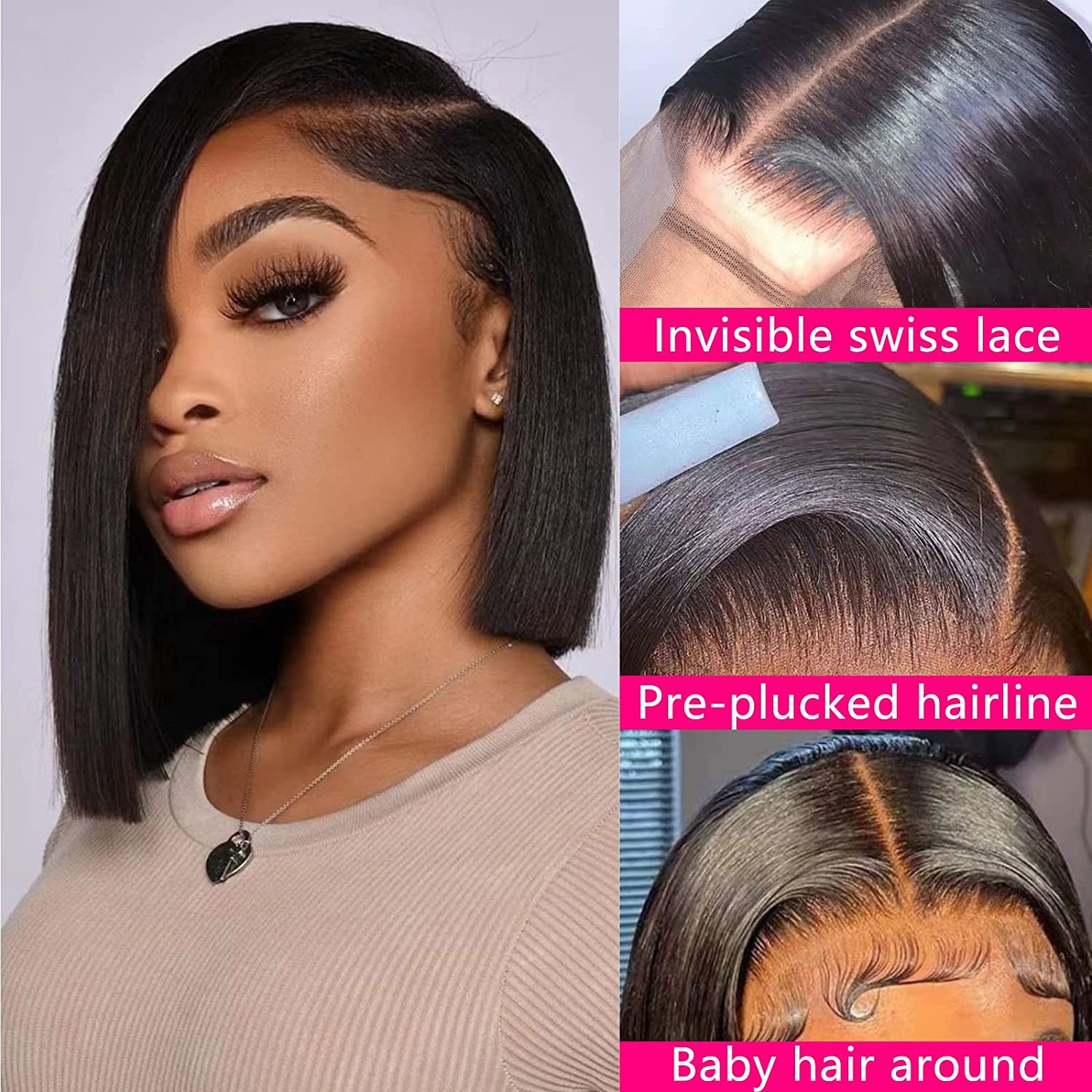 Short Bob Wig Human Hair Lace Front Wigs For Black Women, Glueless Lace Frontal Human Hair Lace Front Straight Frontal Bob Wigs