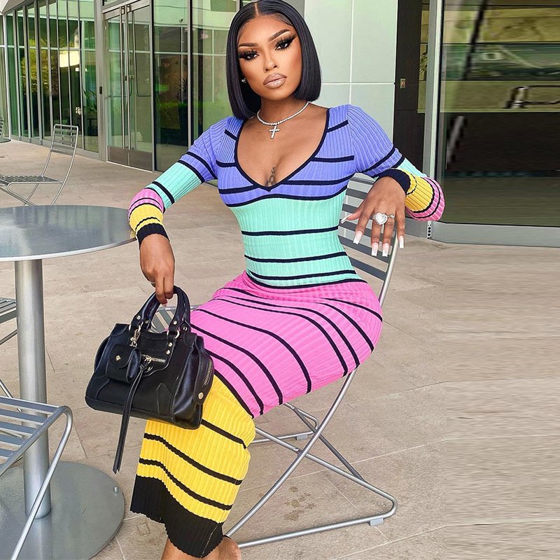 Multicolor Striped Print Rib Knit Deep V-Neck Long Dress Autumn Long Sleeve Backless Ribbed Dress For Women