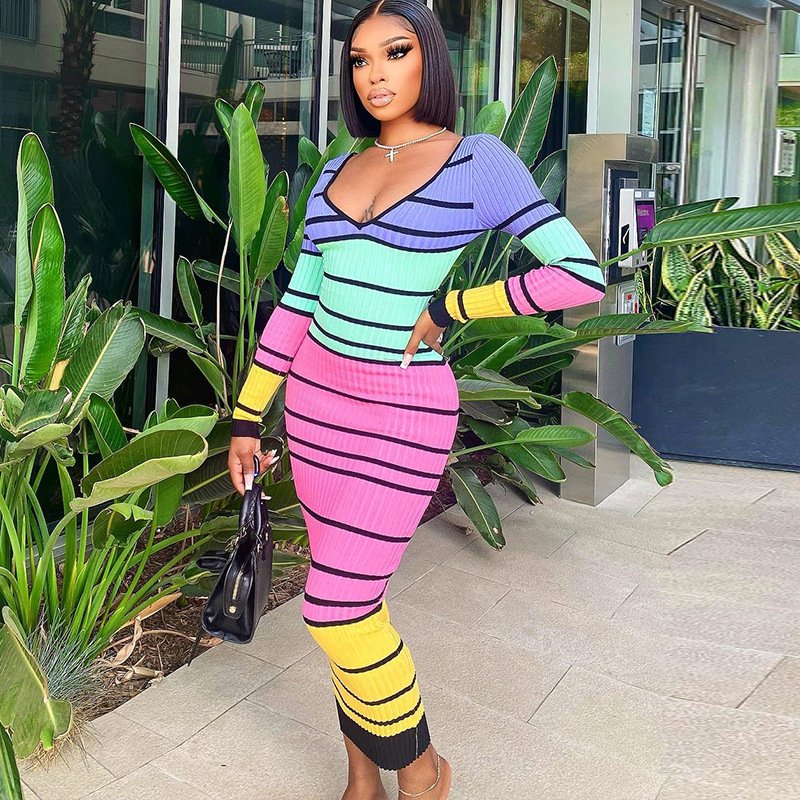 Multicolor Striped Print Rib Knit Deep V-Neck Long Dress Autumn Long Sleeve Backless Ribbed Dress For Women