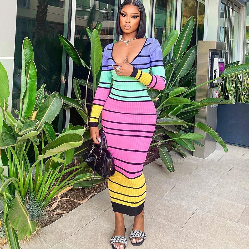 Multicolor Striped Print Rib Knit Deep V-Neck Long Dress Autumn Long Sleeve Backless Ribbed Dress For Women