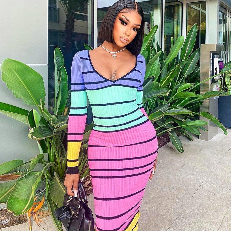 Multicolor Striped Print Rib Knit Deep V-Neck Long Dress Autumn Long Sleeve Backless Ribbed Dress For Women