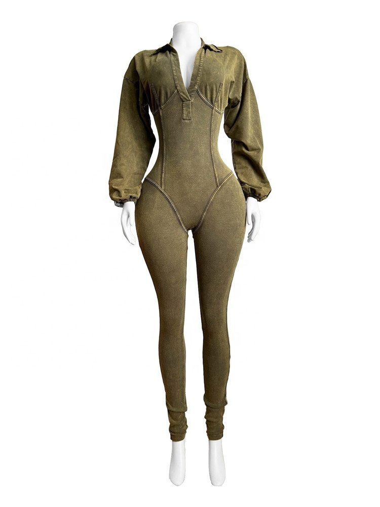 Fashion Women Knit Ribbed Long Sleeve Jumpsuits 2024 Autumn Washed Street Playsuit One Piece Suit Romper