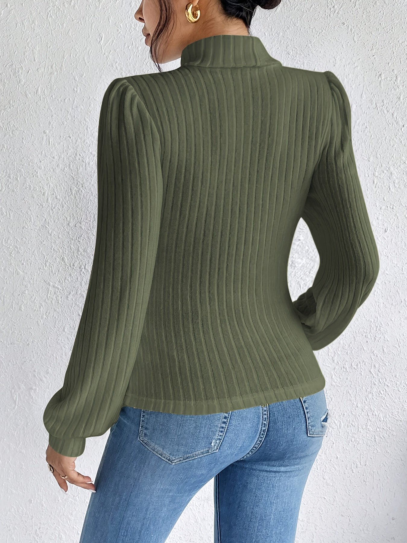 Women's Casual Ribbed Knit Mock Neck Long Sleeve T-Shirt for Spring & Fall Comfortable Clothing