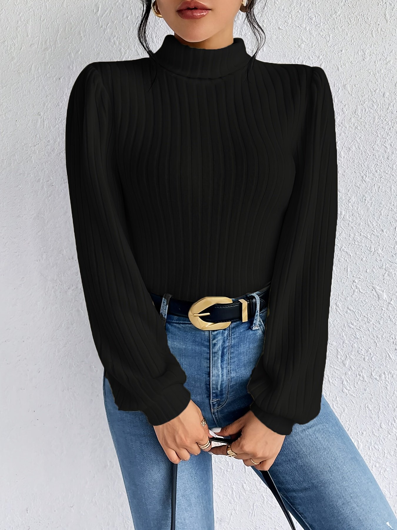 Women's Casual Ribbed Knit Mock Neck Long Sleeve T-Shirt for Spring & Fall Comfortable Clothing