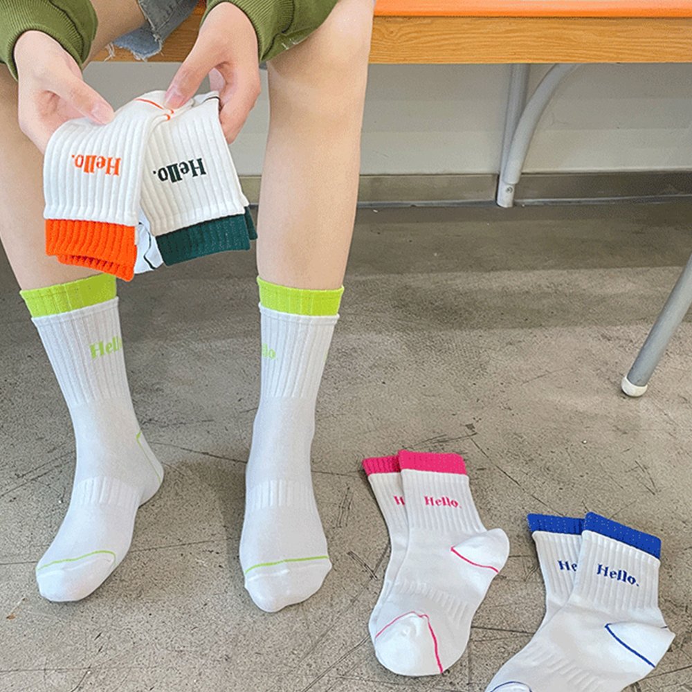HEHE Custom Knitted Logo Socks Crew Socks Womens Double Rib INS Color Block Letter Sports Socks with LOGO